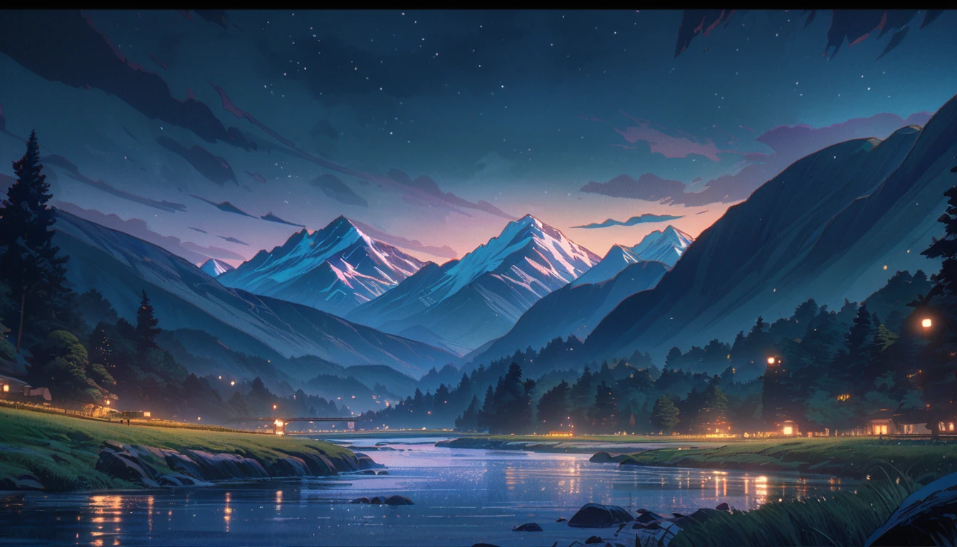 Mountain landscape, dark night, stars, beautiful types, black and dark blue colors, mountain river, calm atmosphere, classic lanscape style, anime aestetic ghibly artstyle, Ghibli-like colours, wide shot, 8k, 4K, highres, best quality, super detail, masterpiece