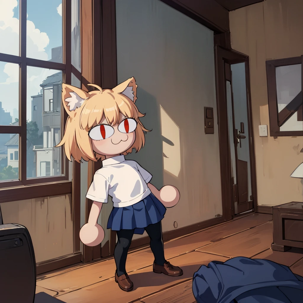 (masterpiece, best quality:1.2), necoarc, slit pupils, cat ears, blonde hair, red eyes, chibi, 1boy, solo, white turtleneck, blue skirt, pleated skirt, brown footwear, pantyhose, near a window, inside a room, highlight thighs, :3, landscape, femboy