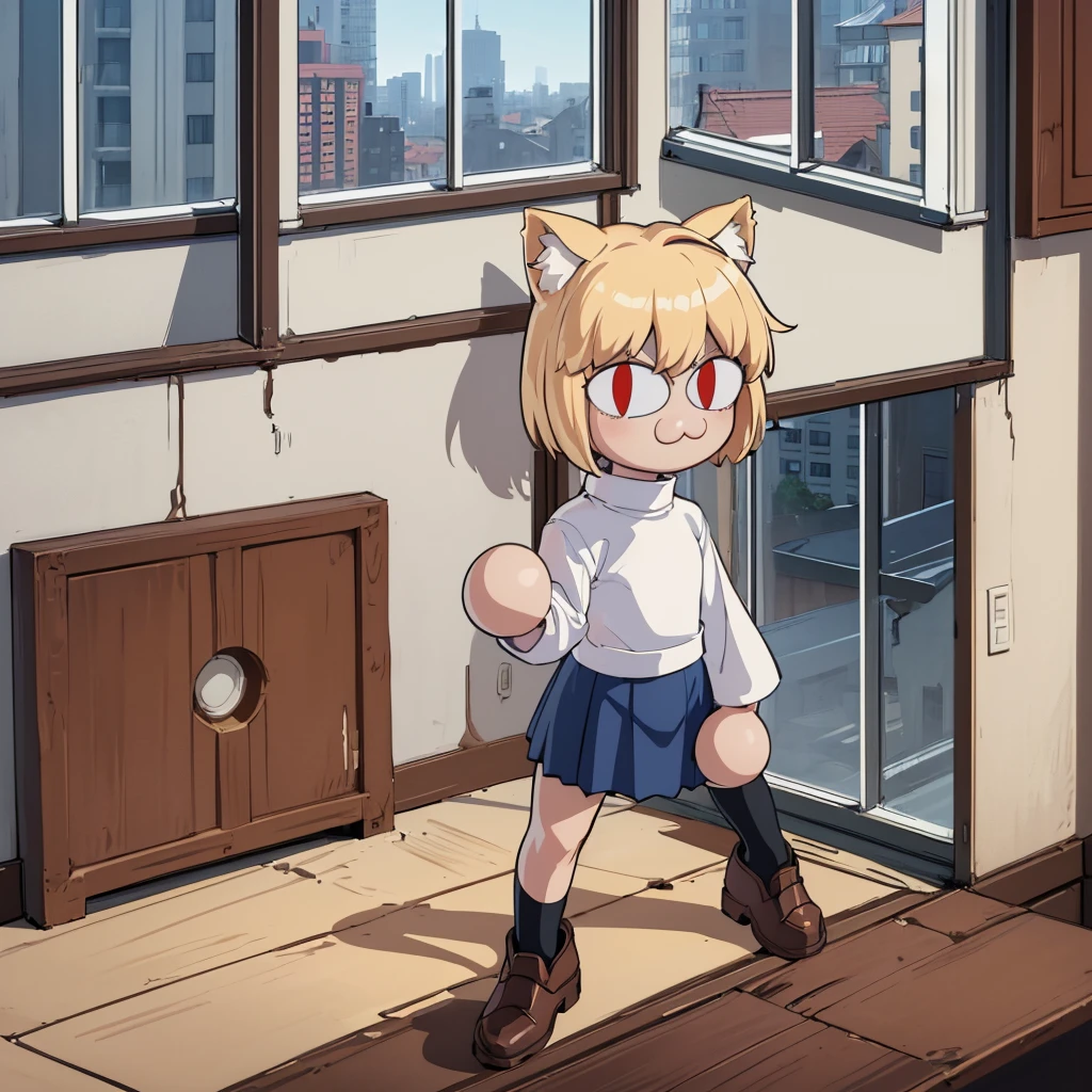 (masterpiece, best quality:1.2), necoarc, slit pupils, cat ears, blonde hair, red eyes, chibi, 1boy, solo, white turtleneck, blue skirt, pleated skirt, brown footwear, pantyhose, near a window, inside a room, highlight thighs, :3, landscape, femboy