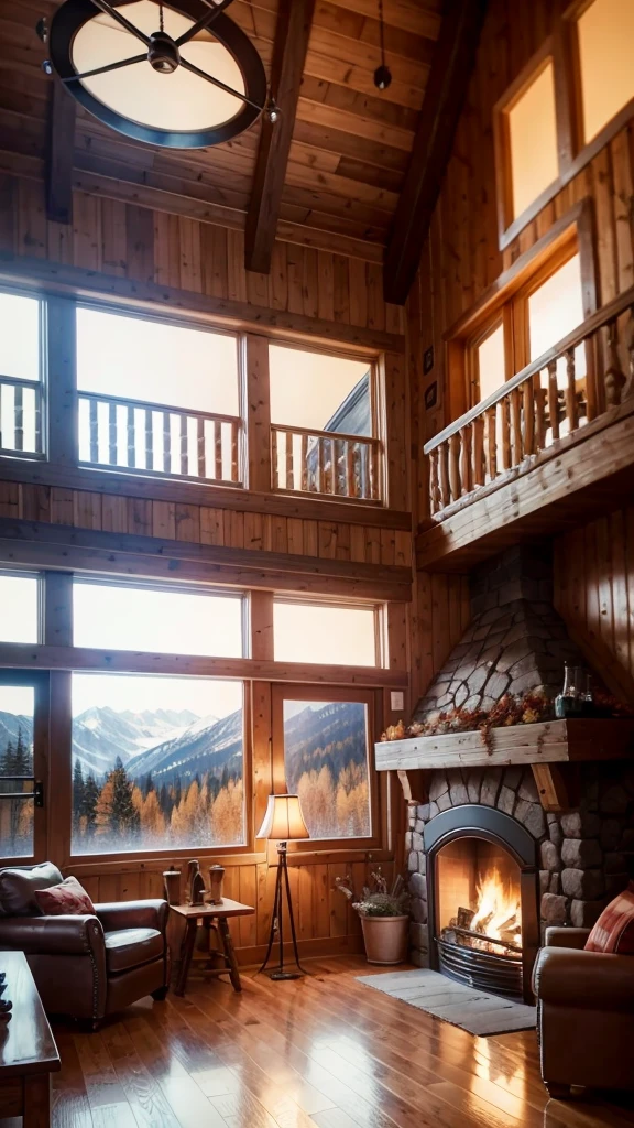 Living room with classic and cozy furniture, Chalet-inspired, Rustic style, With fireplace, Outside the glass window you can see the autumn scenery., A photo that realistically recreates the atmosphere of a cafeteria