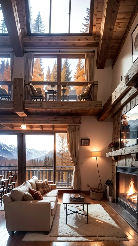 Living room with classic and cozy furniture, Chalet-inspired, Rustic style, With fireplace, Outside the glass window you can see the autumn scenery., A photo that realistically recreates the atmosphere of a cafeteria