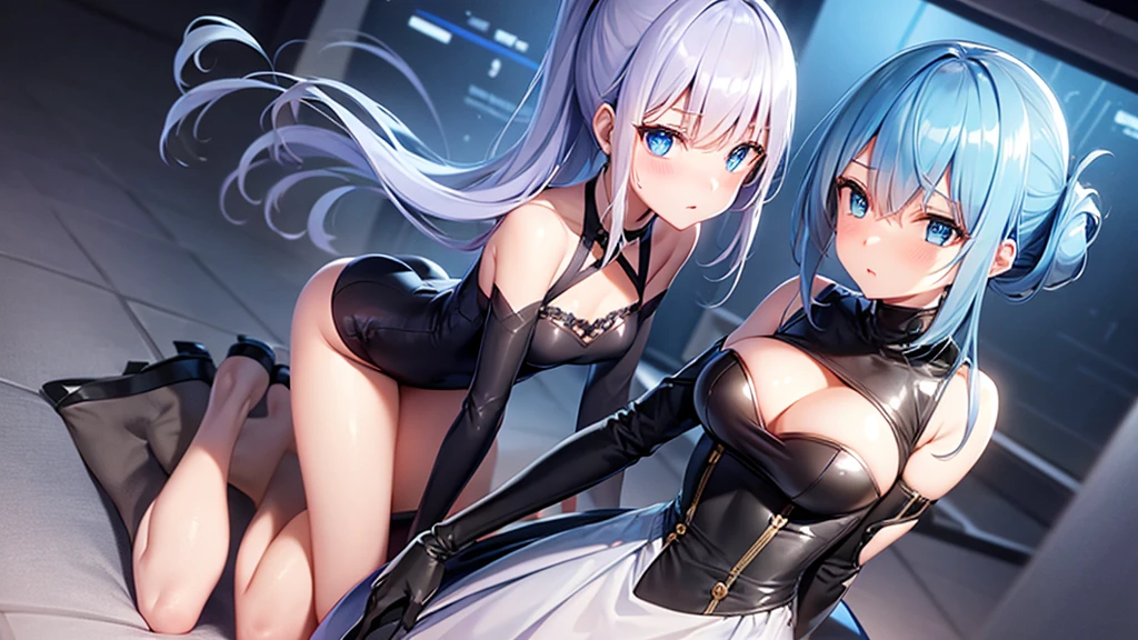 3DCG form。Blue Eyes、Blue hair long updo girl、Slender Busty Spy、Naughty black spy outfit。Secret Underground Facility。Kneel、blush、shame。