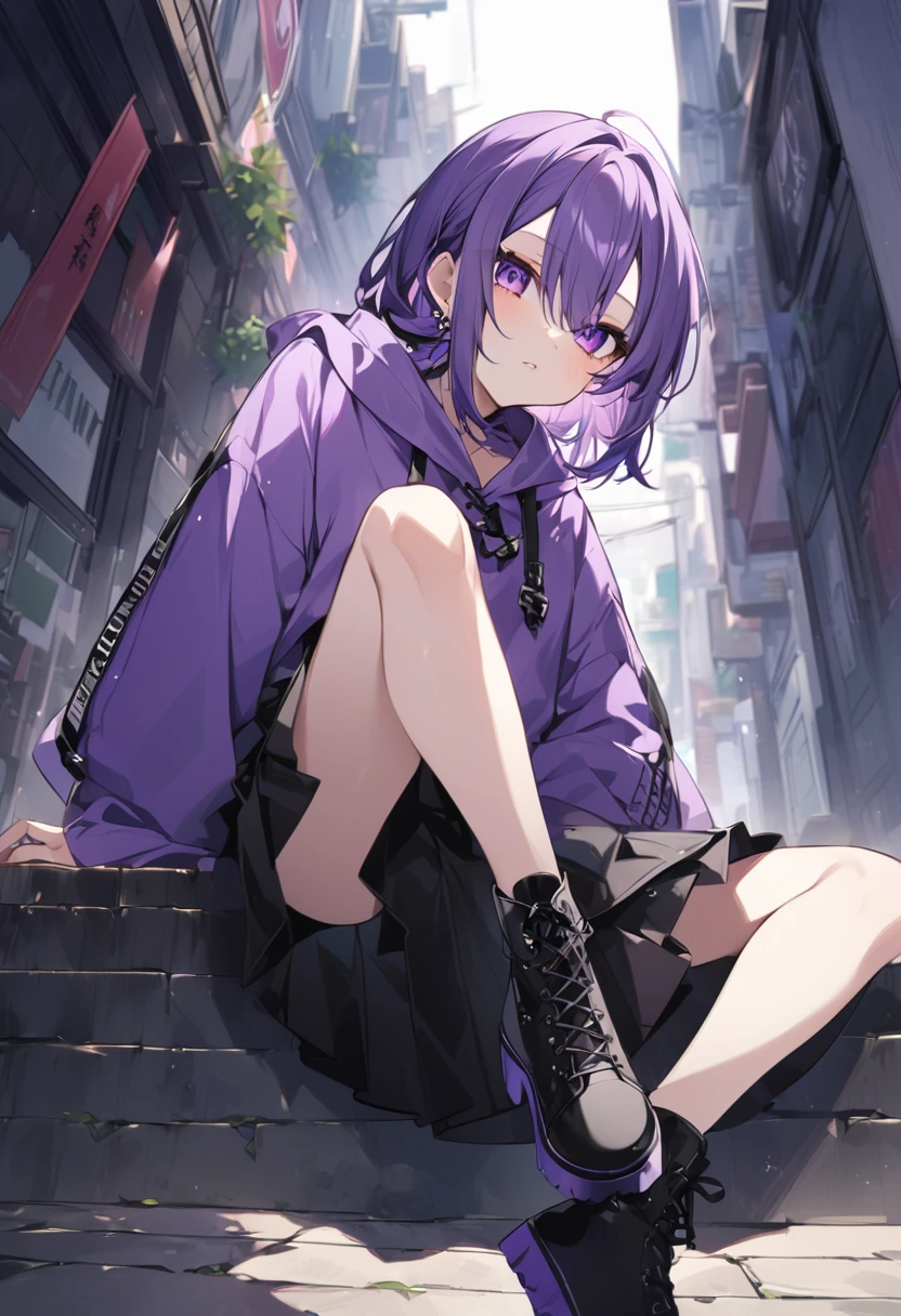 Keito。Purple hoodie。Black Skirt。Purple Eyes。Purple Hair。Black shoes下。Black shoes。
