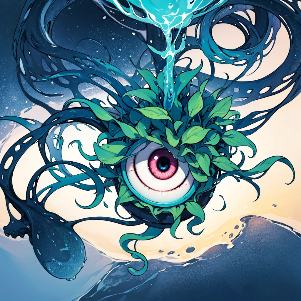 (((No humans)))、An alien tentacle creature with tentacles branching out from a central body with a single large eye、From the side、From above at an angle