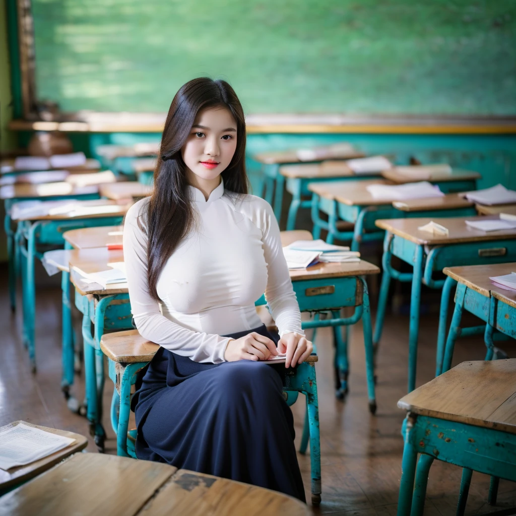 ((Ao Dai, big breasts, beautiful breasts, sitting on a chair in the classroom, attentively looking at the teacher lecturing, 8k quality photo with good details))