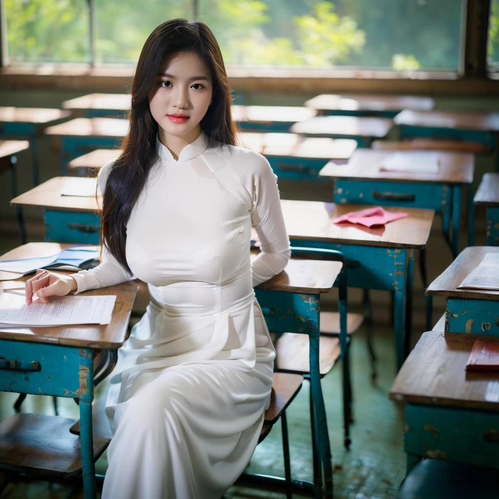 ((Ao Dai, big breasts, beautiful breasts, sitting on a chair in the classroom, attentively looking at the teacher lecturing, 8k quality photo with good details))