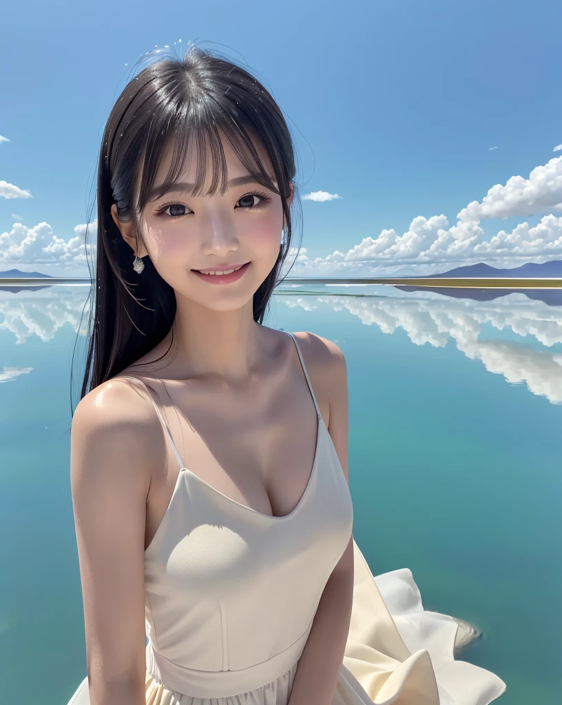 (Highest quality, 32k, High resolution, Masterpiece:1.5), marimo_jet, god々A photograph with brilliant dazzling and healing power., Evoking a sense of calm and elusive beauty, Expressing emotions, Have a rich imagination, Beautiful Japanese Girls, An exceptionally beautiful face, Small Face Beauty, , Perfect Human Anatomy, Magical big eyes, Motherhood and generosity, Deep Love, fleeting smile, Shiny black hair, A gently swaying ponytail, Asymmetrical bangs, Hair between the eyes, Transparent, soft white skin, Sharp eyebrows, Thin lashes, ((Natural Makeup:1.3)), White dress, High resolutionの完璧な鎖骨, High resolutionの美しい胸元, Slim figure with ample breasts, High resolutionの美しい太もも, ((Distant Horizon:1.5)), ((Salar de Uyuni stretches to the horizon:1.3)), ((The water surface reflects the sky like a mirror:1.5)), Beautiful detailed blue sky, Professional photographer, Professional Lighting, Professional models