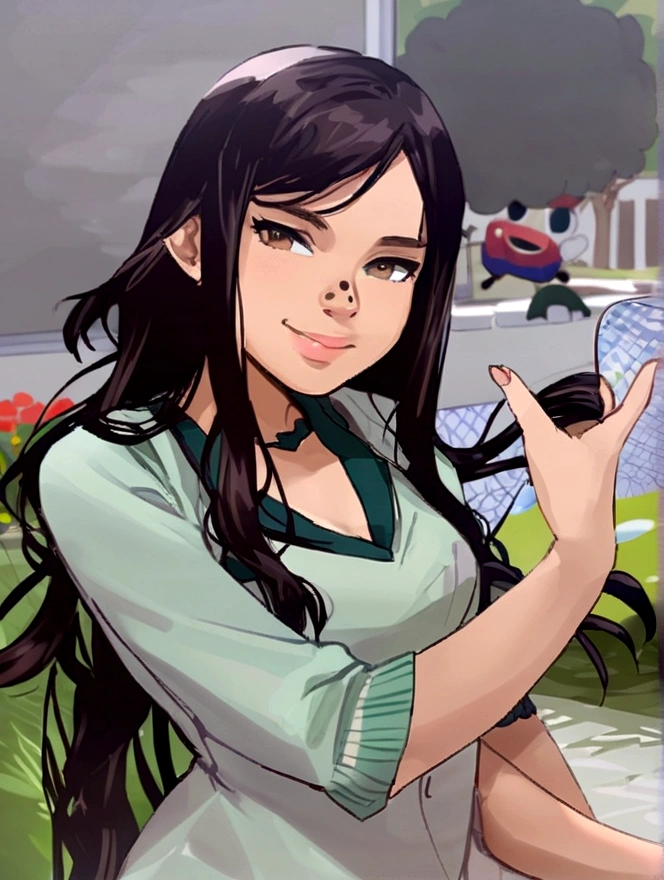 Make a pixar-style poster with a Disney character. The character is a woman, has long wavy layered cut, skin fair, wear bangs your eyes are small, Your face is round, your nose and lips are big, Has spots on cheeks and nose. She is wearing a white blazer and a black blouse Create 14