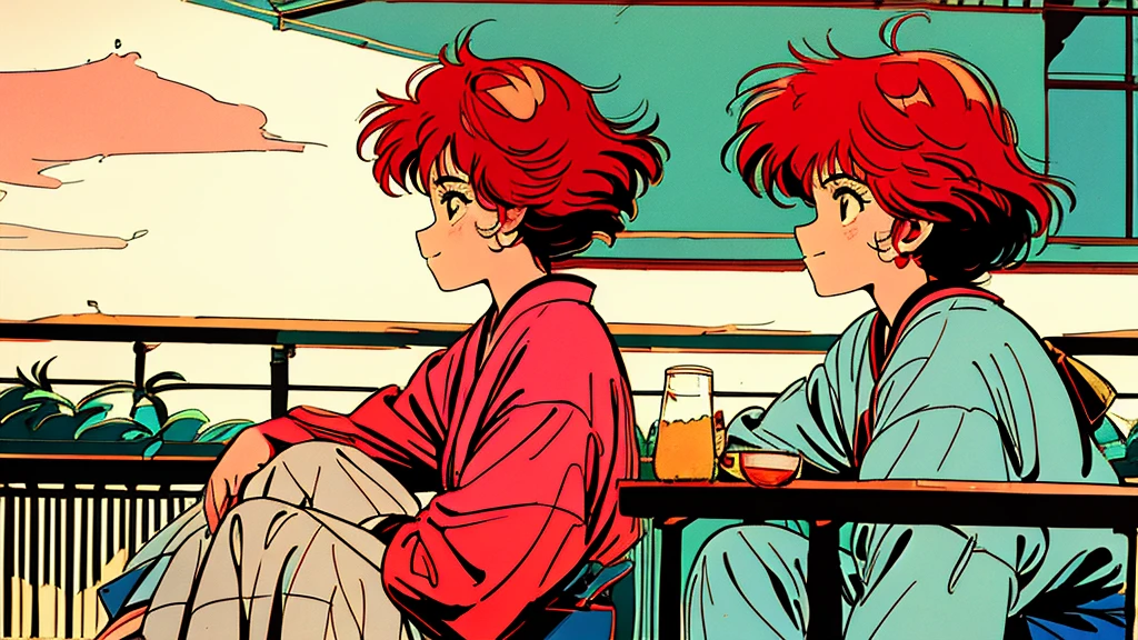 masterpiece, City Pop Style, Japanese, Medium Hair, Red hair, alone, profile,Relax on the veranda, Drinking alcohol, Retro, Vintage, A light smile