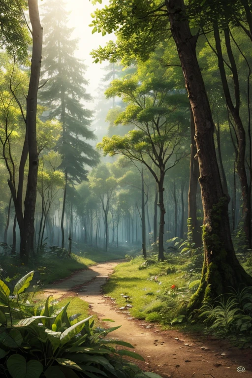 Beautiful hyper-realistic and ultra-detailed backgrounds，The vegetation displayed, Ancient and mysterious forest，Full of different tunes, Large leaf plants, 