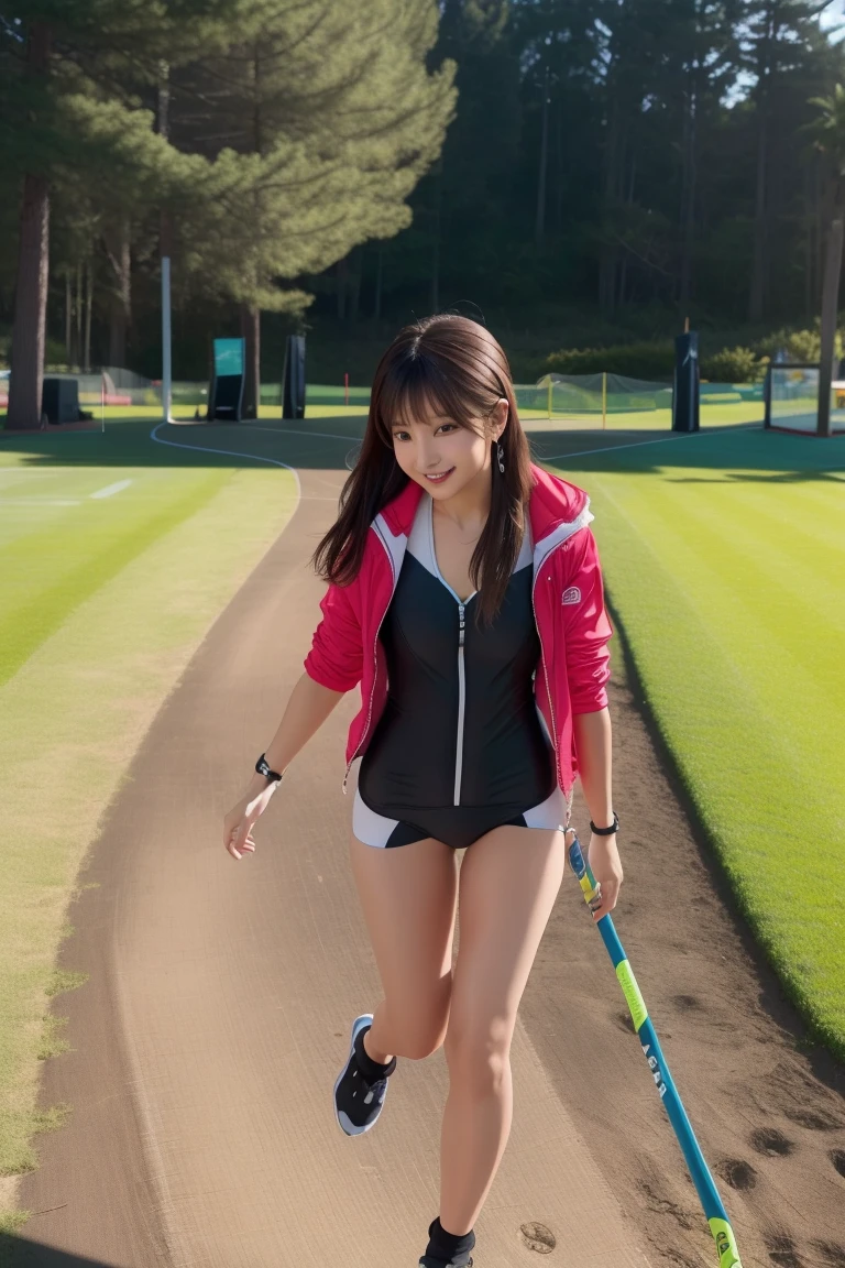 ((Tracking & Women's Track and Field))、(((1 person)))、((Sports swimwear:1.3))、((Stadium))、Super cute、smile、Beautiful breasts、Full Body Lesbian、playground、((Excellent style))、((Healthy Body))、((Short Hair Styles)) 、Japanese women、Photorealistic、Beautiful attention to detail、Hyperrealism、High Contrast、Ultra HD、Realistic skin texture、Best image quality、Highest quality、Ultra-high resolution、Fine details、With great care,Thin, See-through))Tight-fitting underwear with straps,She didn't realize that her nipples were showing through her stockings,