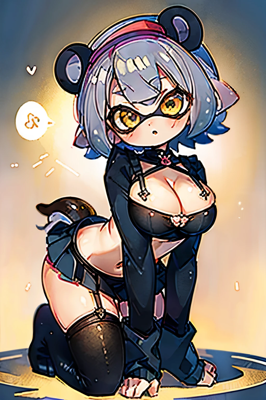 masterpiece, 最high quality, high quality, Super detailed, masterpiece, 超high quality, Super detailed, Perfect drawing, Real Anime、3d、Black bob tentacle hair with curled ends、short hair、Cute Splatoon Girl、Golden Eyes、blush、Flashy makeup、Thick red lips、Rouge、gigantic breast、Cleavage、cute panda costume,((whole body))、Open front clothing、Micro Mini Skirt、it is、