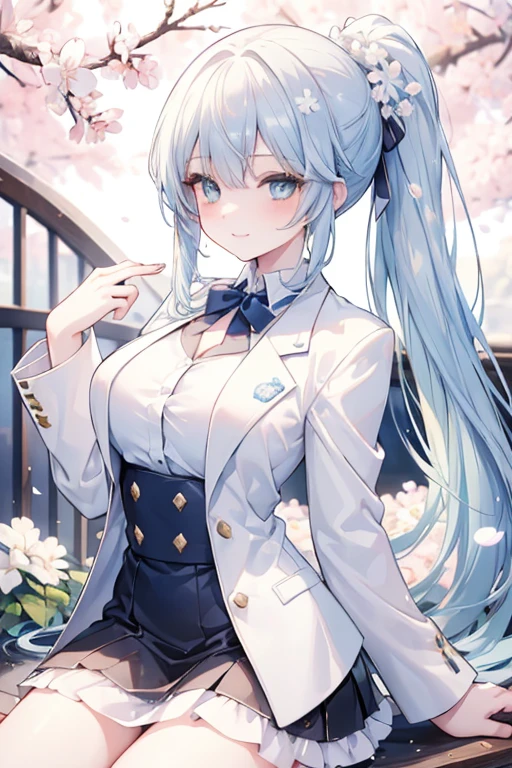 young girl, blue silver  hair, blue green  eyes,beautiful and detailed eyes, big breasts, long hair,European ponytail hairstyle , happy smile, White shirt,white blazer, black mini skirt, (cherry blossom garden )