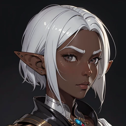 (masterpiece), (best quality),(portrait),(bust up),1girl,solo,(sharp focus),(look at viewer),elf, (silver hair),short hair,(dark skin) ,(black skin),adult, (ancient:1),ancient luxurious long clothes,old school fantasy art,((simple background)),super shiny face