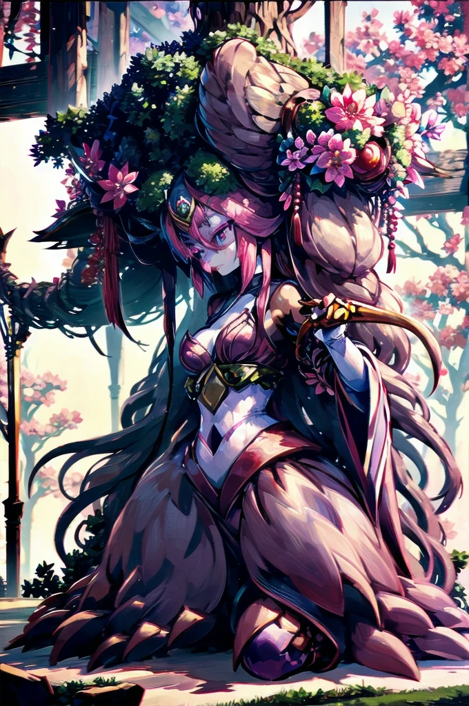 masterpiece, best quality, extremely detailed, anime, {{plant thorny shrub around her}}, monster girl, alraune,{huge flowers on head}, underbody into cherry blossom flower, {{fusion of cherry blossom and girl, }}, Cherry-blossom color hair, crimson eyes, hair so long it reaches the ground, pink kimono, Viran,prostitute, different world, Weapons Japanese Sword, The Wizard of Cherry 、,Florabeast,plant girl