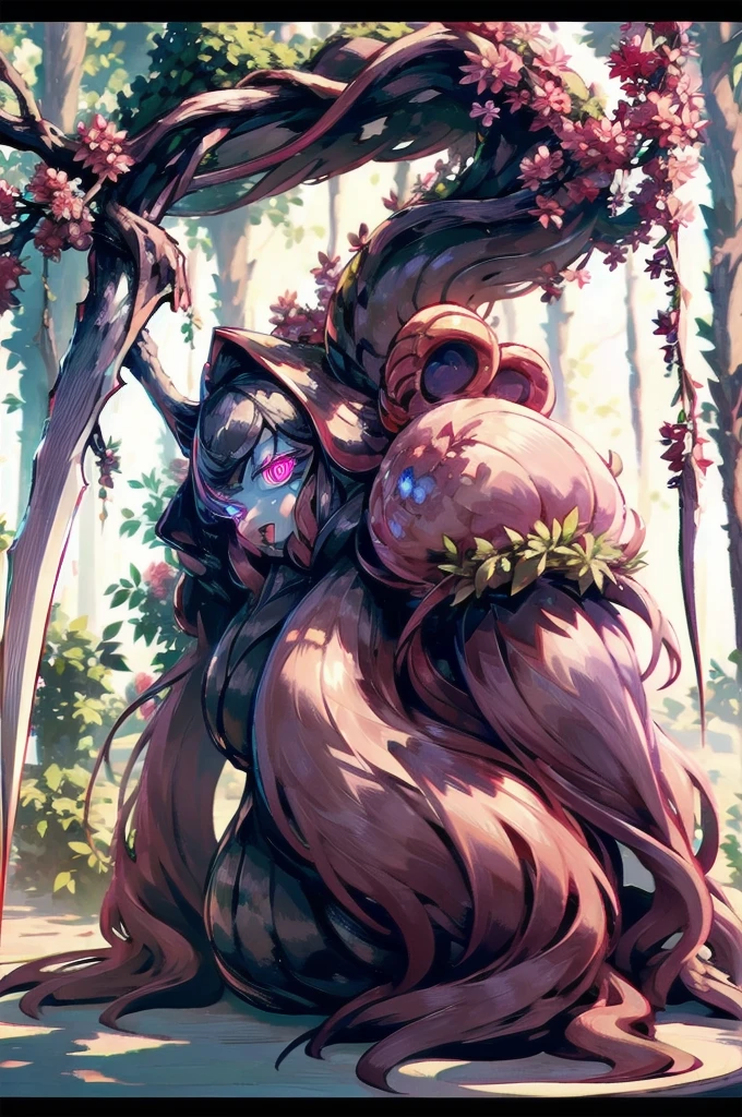 masterpiece, best quality, extremely detailed, anime, {{plant thorny shrub around her}}, monster girl, alraune,{huge flowers on head}, underbody into cherry blossom flower, {{fusion of cherry blossom and girl, }}, Cherry-blossom color hair, crimson eyes, hair so long it reaches the ground, pink kimono, Viran,prostitute, different world, Weapons Japanese Sword, The Wizard of Cherry 、,Florabeast,plant girl