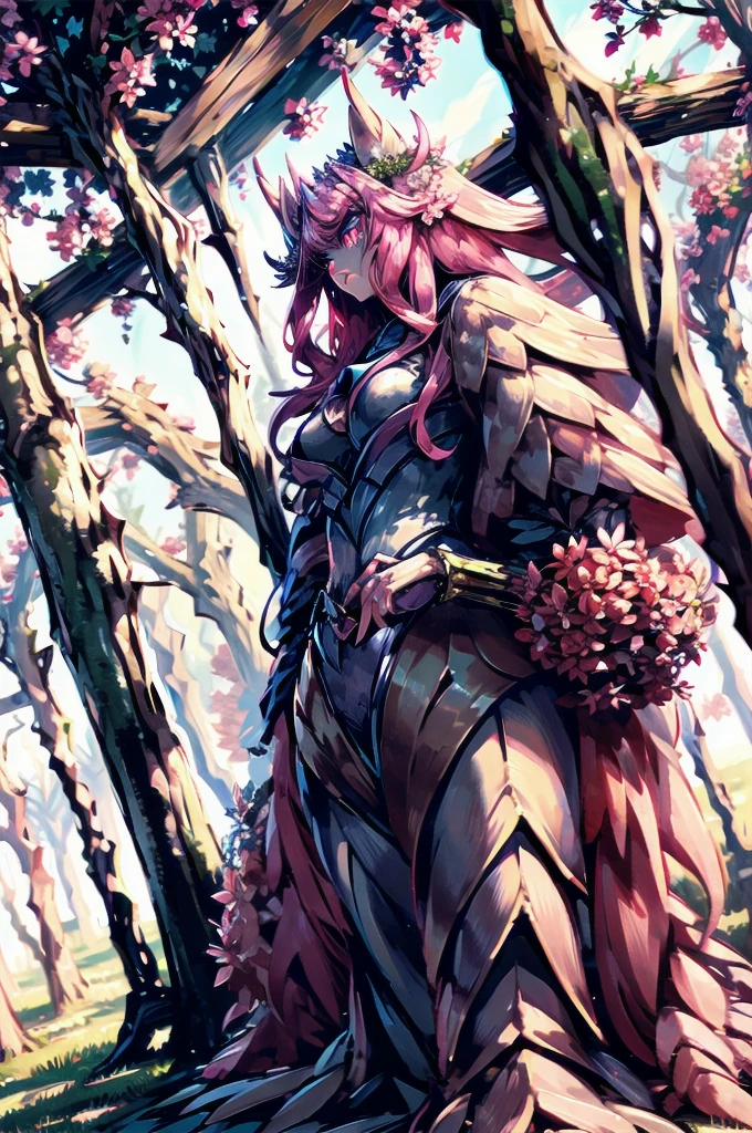 masterpiece, best quality, extremely detailed, anime, {{plant thorny shrub around her}}, monster girl, alraune,{huge flowers on head}, underbody into cherry blossom flower, {{fusion of cherry blossom and girl, }}, Cherry-blossom color hair, crimson eyes, hair so long it reaches the ground, pink kimono, Viran,prostitute, different world, Weapons Japanese Sword, The Wizard of Cherry 、,Florabeast,plant girl