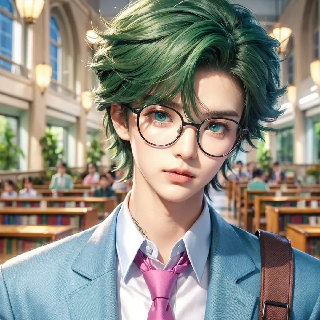 Handsome boy, green hair, green eyes, wearing light blue with pink necktie, wearing black round eyeglass