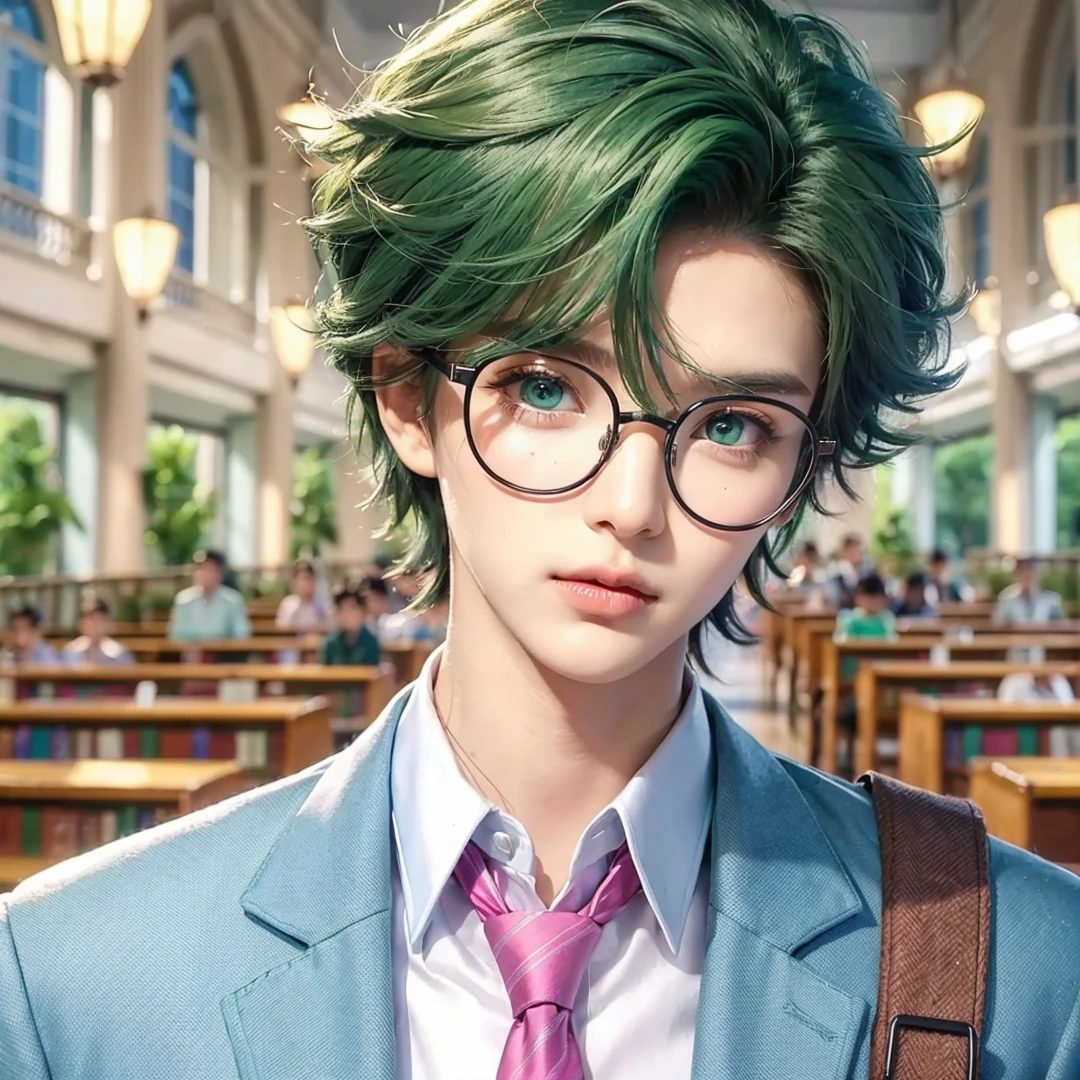 Handsome boy, green hair, green eyes, wearing light blue with pink necktie, wearing black round eyeglass