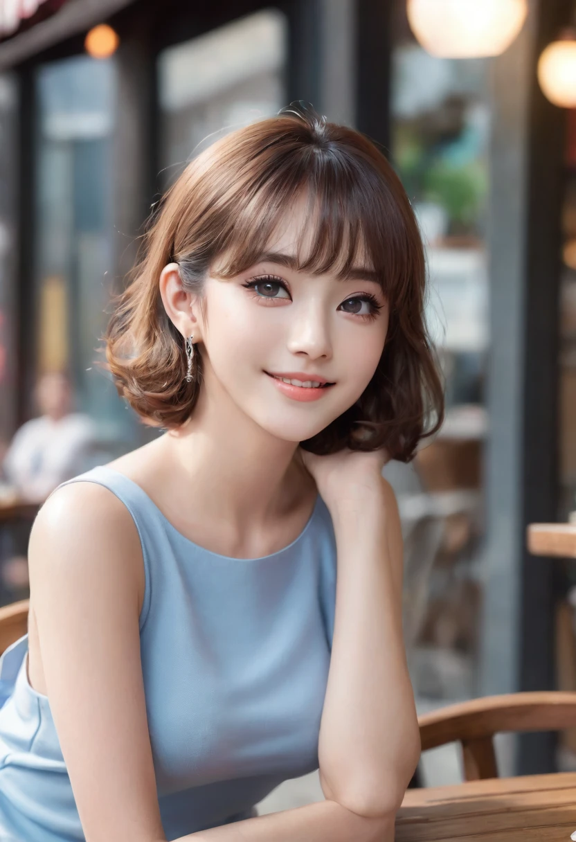 ((Best Quality, 8k, Masterpiece:1.3)), 40k, Perfect Body Beauty:1.4, cinematic lighting, curly hair, short hair, straight Bangs, wearing a light blue crewneck dress , 18 age , (sunny, street:1.2), (in front of cafe:1.2), Highly detailed face and skin texture, big eyes, Detailed eyes, Double eyelids, whitening skin, perfect face, mask,(huge breast, looking into the distance), (nighttime), smile,  earrings, necklaces, coffee on table, (a women sitting in front of cafe), 