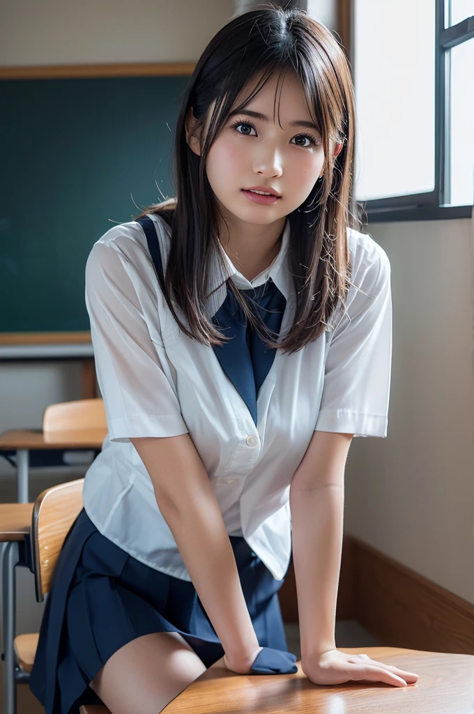 Tabletop, highest quality, Japanese Girls,One Girl, 8k, RAW Photos, highest quality, Tabletop, Debtdebt:1.2, Highly detailed RAW color photos, Professional photos, (Realistic, Realistic:1.37), (Highly detailed skins:1.2), Ultra-high resolution, (Lenz 50mm), (debt/1.2),Exquisitely drawn eyes,Gazing at the audience,
One Girlと別れる (Many elderly people:1.4), Beautiful Face, cute,(smile:1.05),(20-year-old, Wide Hips,Straight hair, (short hair), iris, white and fine-grained skin,Small Mouth, high cheekbones (meaning), Sexy pose,(Leaning forward:1.3),(The to the debtW:1.1),White panties、Korean Idol、Nogizaka Idol、Carving an idol pose、Adult、、(Tabletop, highest quality:1.3), (Ultra-fine 8K CG:1.2), (Ultra-realistic:1.35), (Realistic:1.45), (Realistic:1.4), Cowboy Shot,
Beautiful Japanese Women, 22 years old, Supermodel, Japanese Idols, , (Sitting at a desk:1.1), (school uniform:1.4), (Skirt flip:1.6),
(School classroom background:1.1),