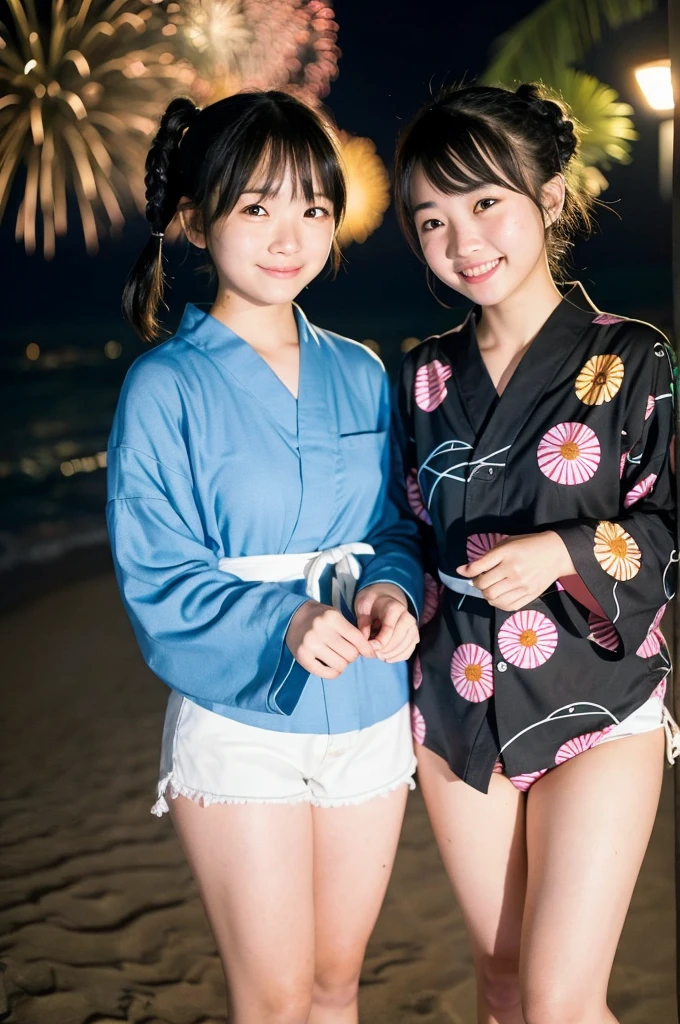 2 girls in beach at night,long-sleeved yukata,fireworks,18-year-old,bangs,a little smile,thighs,knees,short hair with low pigtails bunches,from below,front light