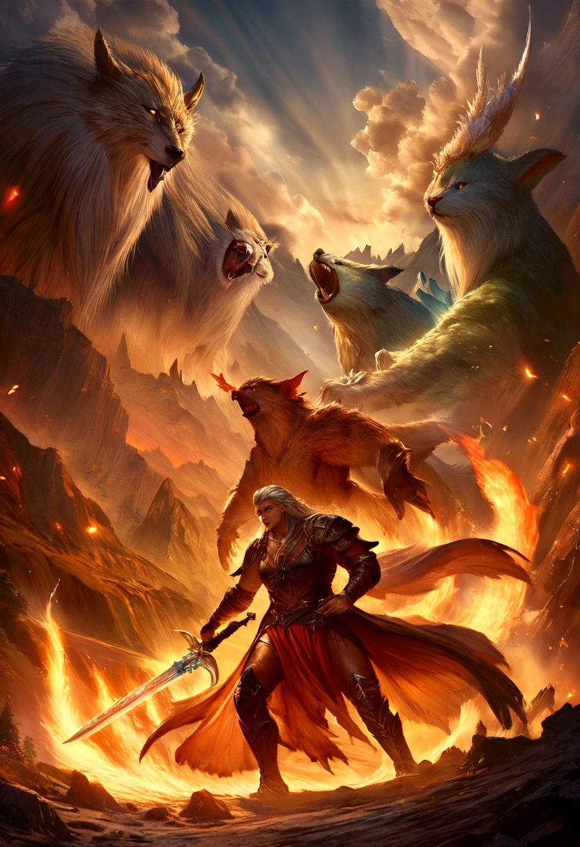 there are two men fighting, one of them attacks with his sword and the other is defending the attack with a kind of telekinesis barrier, creating a strong defense, while in your other hand you are casting a fire attack, in a dark sky, epic fantasy art style hd, epic fantasy digital art style, epic fantasy art style, d & d fantasy digital art, ice and fire, battle between good and evil, epic fantasy digital art, by epic fantasy style art, epic RPG art, Epic Fantasy Character Art