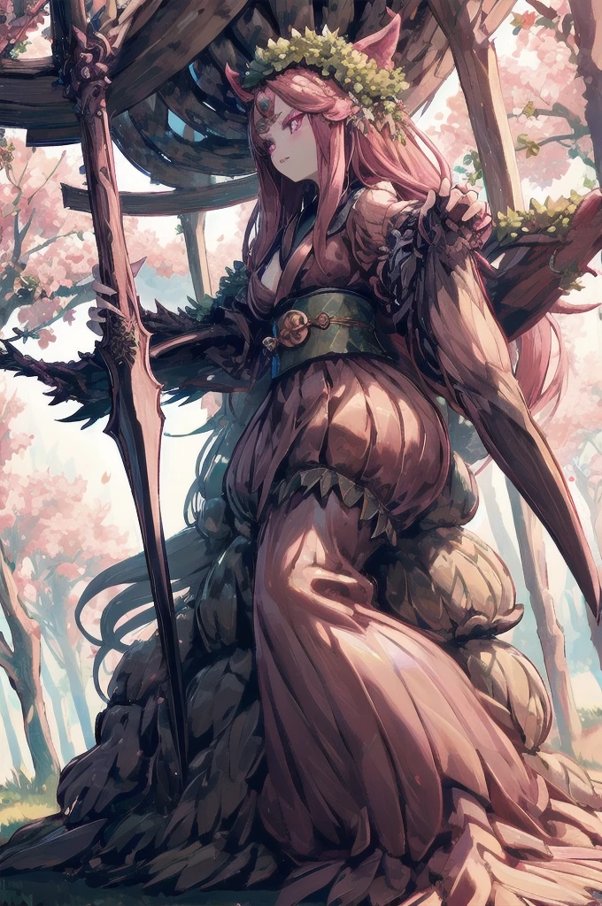 masterpiece, best quality, extremely detailed, anime, {{plant thorny shrub around her}}, monster girl, alraune,{huge flowers on head}, underbody into cherry blossom flower, {{fusion of cherry blossom and girl, }}, Cherry-blossom color hair, crimson eyes, hair so long it reaches the ground, pink kimono, Viran,prostitute, different world, Weapons Japanese Sword, The Wizard of Cherry 、,Florabeast,plant girl