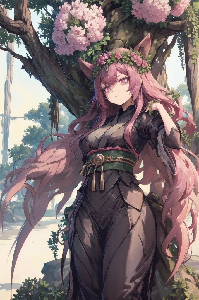 masterpiece, best quality, extremely detailed, anime, {{plant thorny shrub around her}}, monster girl, alraune,{huge flowers on head}, underbody into cherry blossom flower, {{fusion of cherry blossom and girl, }}, Cherry-blossom color hair, crimson eyes, hair so long it reaches the ground, pink kimono, Viran,prostitute, different world, Weapons Japanese Sword, The Wizard of Cherry 、,Florabeast,plant girl