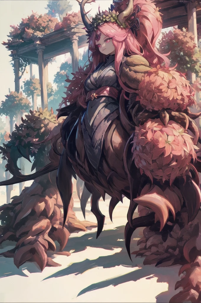 masterpiece, best quality, extremely detailed, anime, {{plant thorny shrub around her}}, monster girl, alraune,{huge flowers on head}, underbody into cherry blossom flower, {{fusion of cherry blossom and girl, }}, Cherry-blossom color hair, crimson eyes, hair so long it reaches the ground, pink kimono, Viran,prostitute, different world, Weapons Japanese Sword, The Wizard of Cherry 、,Florabeast,plant girl