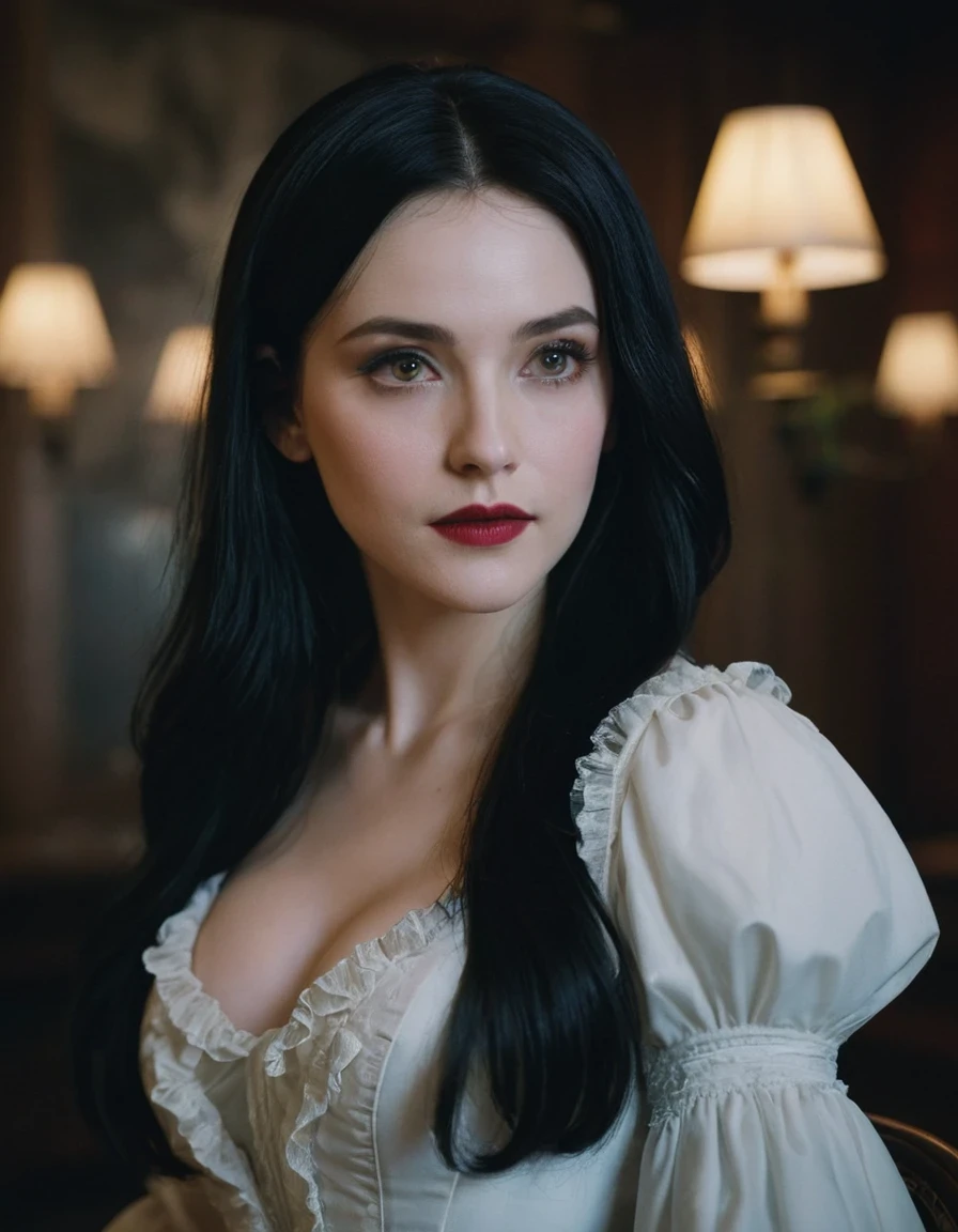 (masterpiece:1.7, best quality, ultra detailed, moonlight lights ratio, ultra realistic:1.3), Cinematic lighting:0.7, Diana, a true Ventrue, sits in an elegant colonial armchair:1.0 and emerges an intimidating presence that numbs even the most sadistic MALKAVIAN:1.0. Her pale skin:1.0 and small pink mouth, softly upturned nose contrast with her black hair and haute couture detailed clothing inspired by Maid Cafe style:1.0, bringing with her an air of elegance but also of sweetness; (night:1.0, full moon natural lighting:1.0, Vampire The Masquerade:1.0, James O'Barr directors cut:1.0, photo by Alexander Mavrin), pale shiny skin:1.0, thin, sharp focus on rare face:1.0, perfect eyes:1.5, photorealistic:1.2, film grain, looking at camera:1.0, emphasize shoulders, foggy, misty, noir portrait:1.3, volumetric dust, key light, ray tracing, film grain ISO 800, 16 mm lens, RAW f1.8 aperture, analog photography, HDR colors, (bioluminescent flora:1.3), gothic interior:1.0