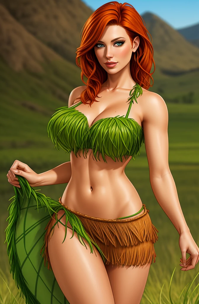 Jennifer Korbin wearing a grass skirt, ginger hair