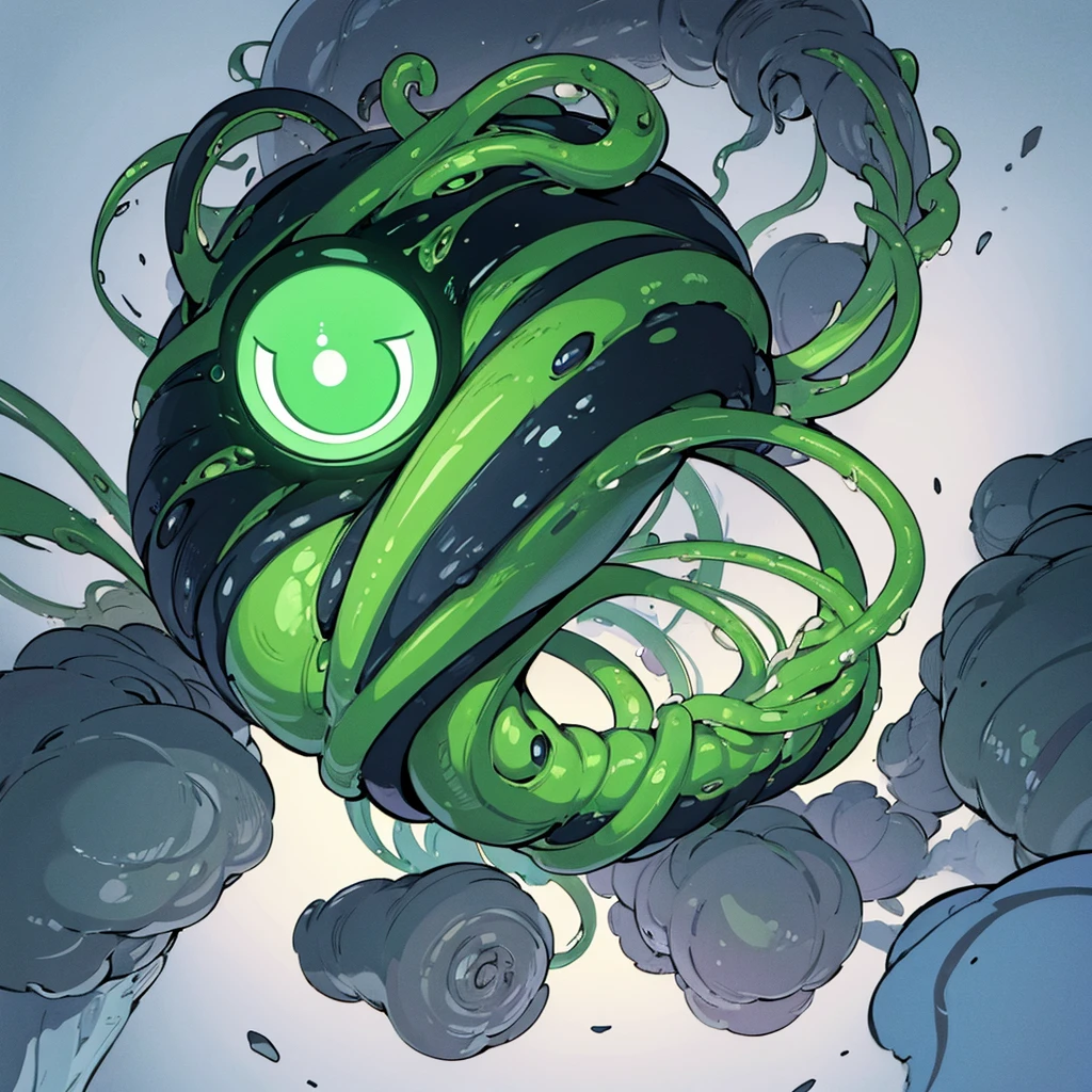 (((No humans)))、An alien tentacle creature with tentacles branching out from a central body with a single large eye、From the side、From above at an angle