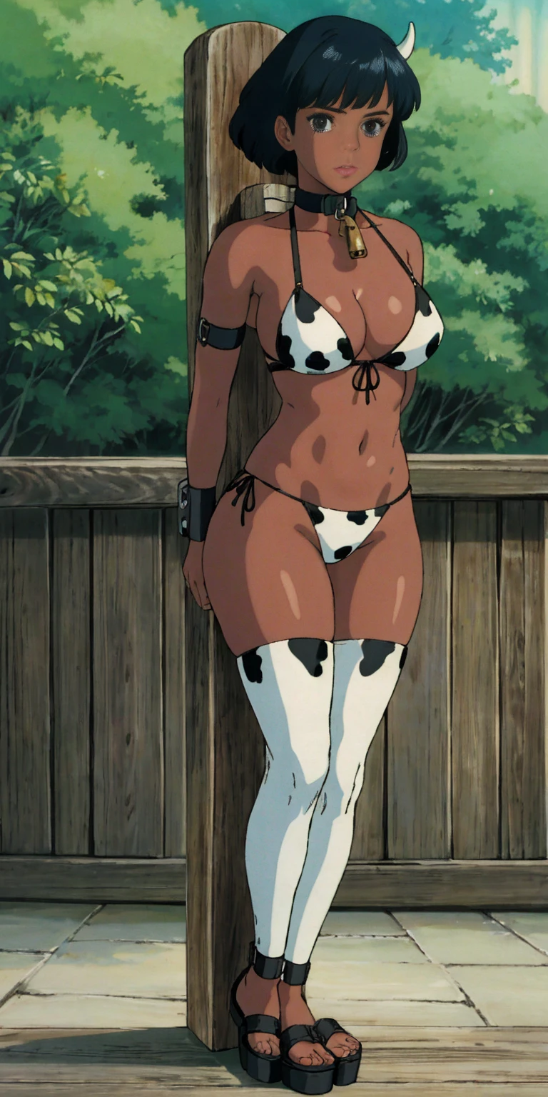 (Masterpiece, best quality, intricate details, 1sologirl) iron collar, arms behind back, iron cuffs, shackles, bound ((standing by wooden pole:1.2)) ((female Black Dark skin Gyaru)) show entire body frontal position, feet in view, realistic, gorgeous 16y.o. darkest skinned mixed race female, black African, barefoot no shoes, looking to viewer straight symmetrical, solo girl looking to the camera, cow bell choker leather collar choker neck bell, metal sandals, black and white bikini (cow pattern) black thigh highs