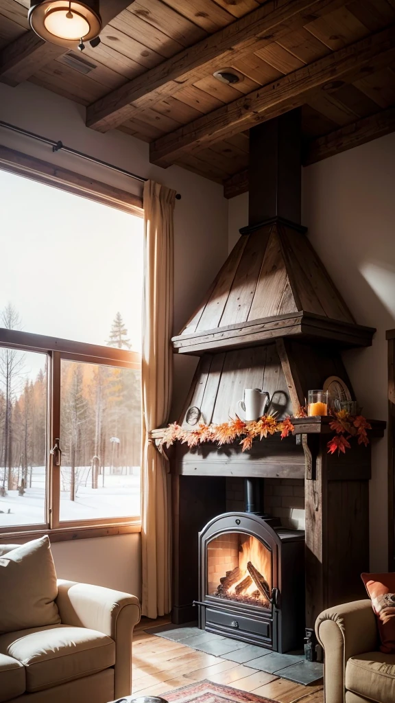 Living room with classic and cozy furniture, Chalet-inspired, Rustic style, With fireplace, Outside the glass window you can see the autumn scenery., A photo that realistically recreates the atmosphere of a cafeteria