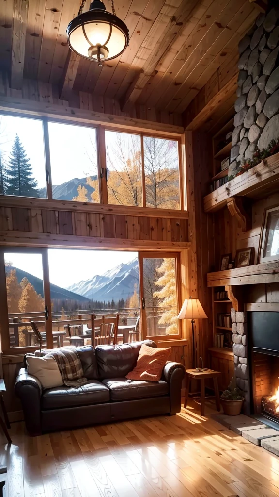 Living room with classic and cozy furniture, Chalet-inspired, Rustic style, With fireplace, Outside the glass window you can see the autumn scenery., A photo that realistically recreates the atmosphere of a cafeteria