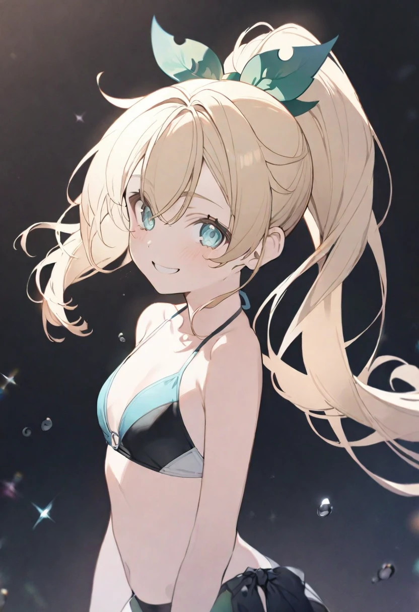 1 girl, vtuber style, cool girl, hololive, Kazama Iroha, Ponytail, blond hair, swimsuit, small chest, cropped shoulders, clavicle, looking at viewer, smile, (whole body), standing,