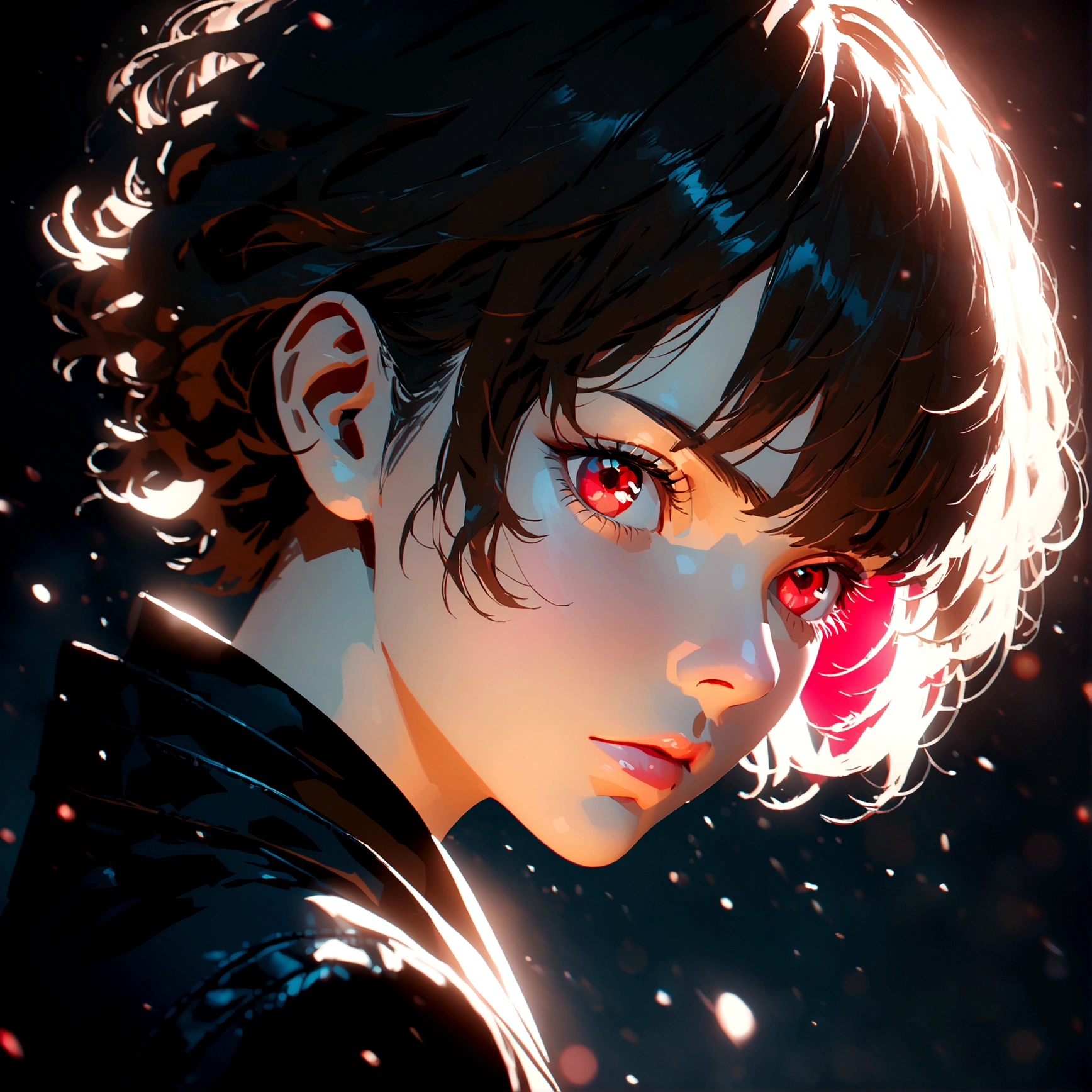 diffusion anime style, upperbody, (face to the side 0.3), boy with messy brown hair bright red eyes, (open eyes 0.7), (serious face 0.2), Alluring, Chic Modernist, Gen X Soft Club, close-up portrait, untextured, Depth of field, items, hue colors, Contemporary Realism, anamorphic lens flare lighting, Realistic dramatic lighting, highly detailed environment, cinematic quality, Redshift render, 4k