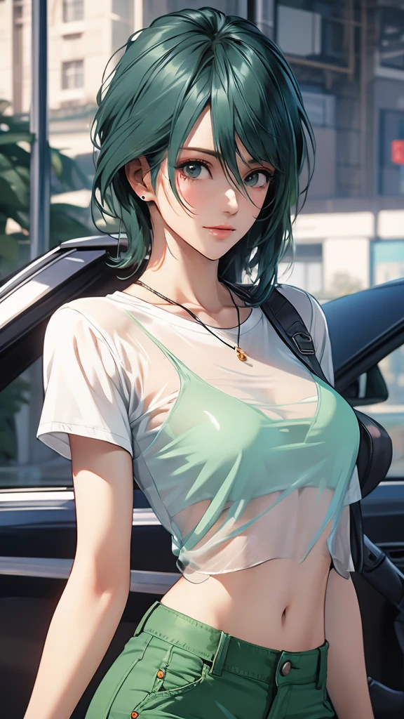 1 Female, Tamaki, green hair, hair between eyes, (detailed eyes:1.3), White see-through shirt, cargo pants