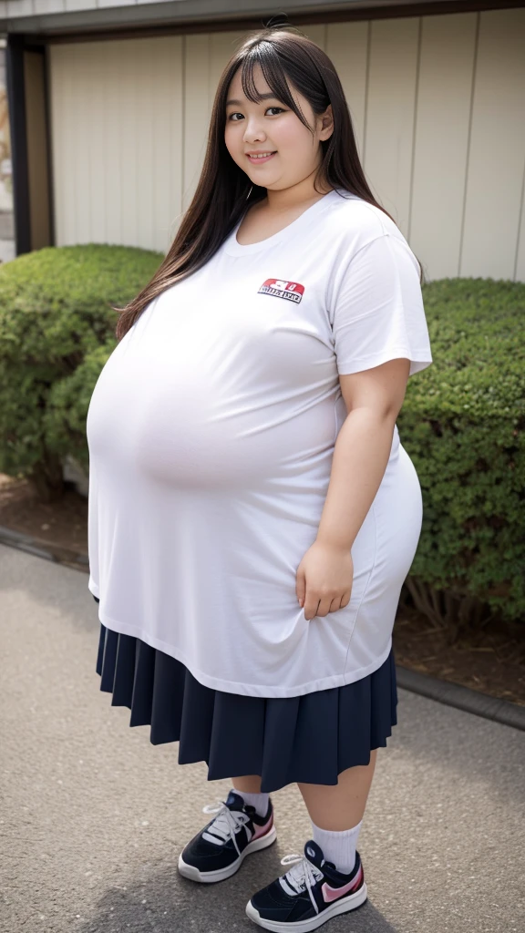 realistic depiction、super obeseのjapanese woman、super obese、Weight 300kg、very fat woman、japanese woman、laughter、Tight Skirt、outdoor、a bit、little woman、His height is only 145cm、short legs、go pro Japanese ssbbw, non nude, full shot, very beautiful face, super obese, full body, sweat parker, sneaker,, super obese japanese, gigantic 、super big belly