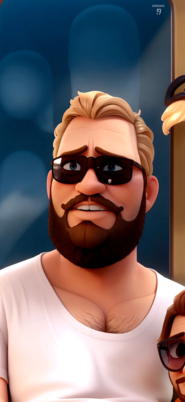 crie um homem, 32 years old, sitting inside the bus , with sunglasses, blondie hair, dark beard, light mustache, parted hair, plumpness, disney pixar style