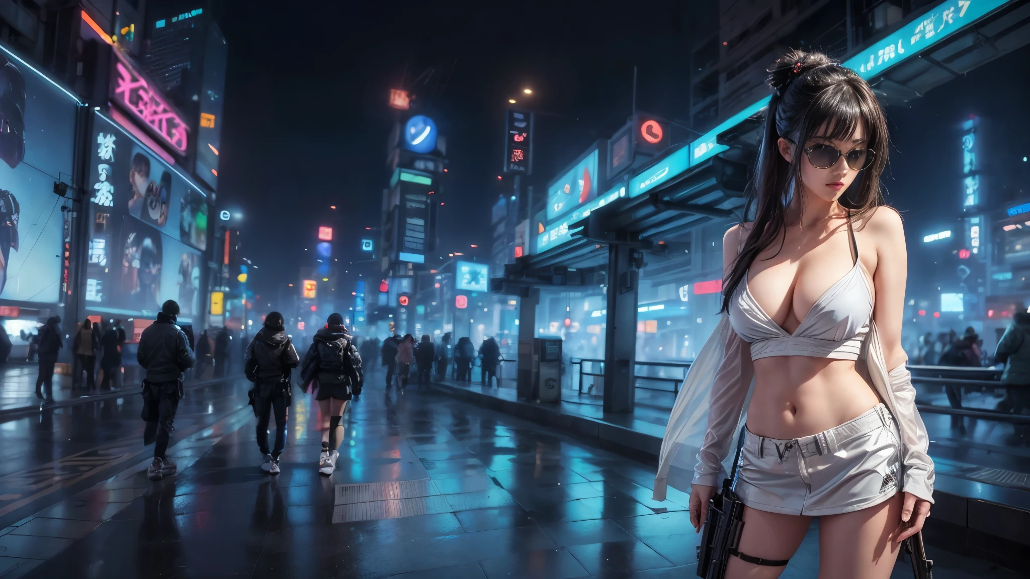 8k, Realistic Skin Texture, Realistic Photo, Neo Tokyo, slim women, large-breast:1.3 cleavage:1.2, AD2050 at night, Dirty hunting jacket, Wearing tube top, miniskirt, (((black sunglasses, automatic rifle, sneakers, cold, shooting pose, very low angle view))), Innovative composition, revenge, cyberpunk, blade runner worldview, Large neon sign, Geisha hologram sign, Strong Wakamoto Sign.