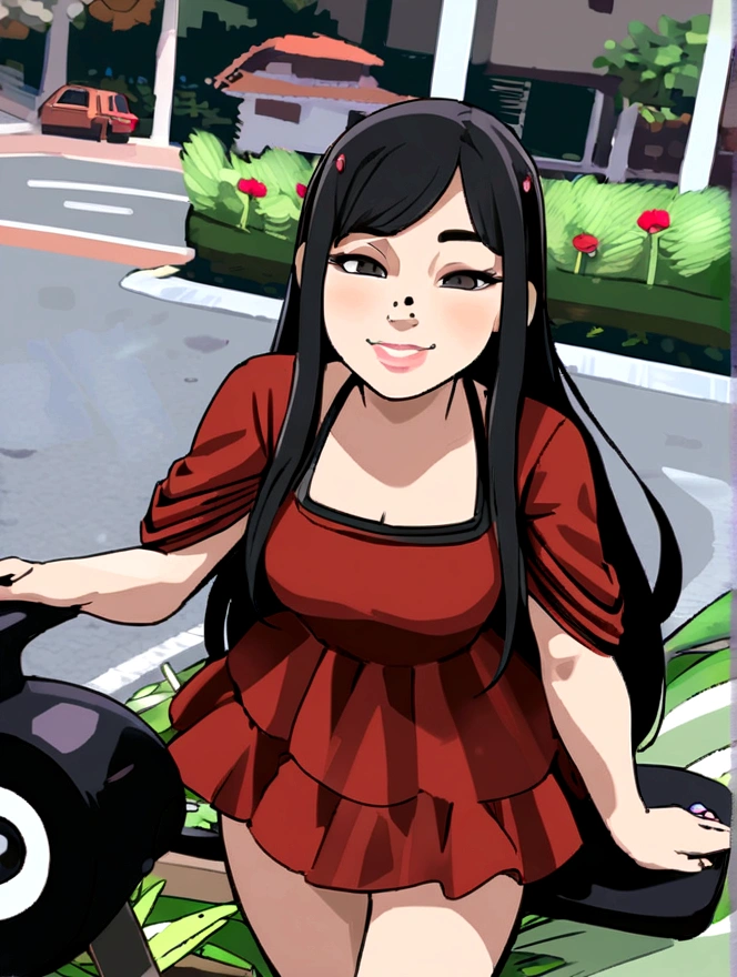 Make a Pixar Style Poster and Disney Character. The character is a woman, has long wavy layered cut, skin fair, wear bangs your eyes are small, Your face is round, your nose and lips are big, Has spots on cheeks and nose. She is wearing a white blazer and a black blouse