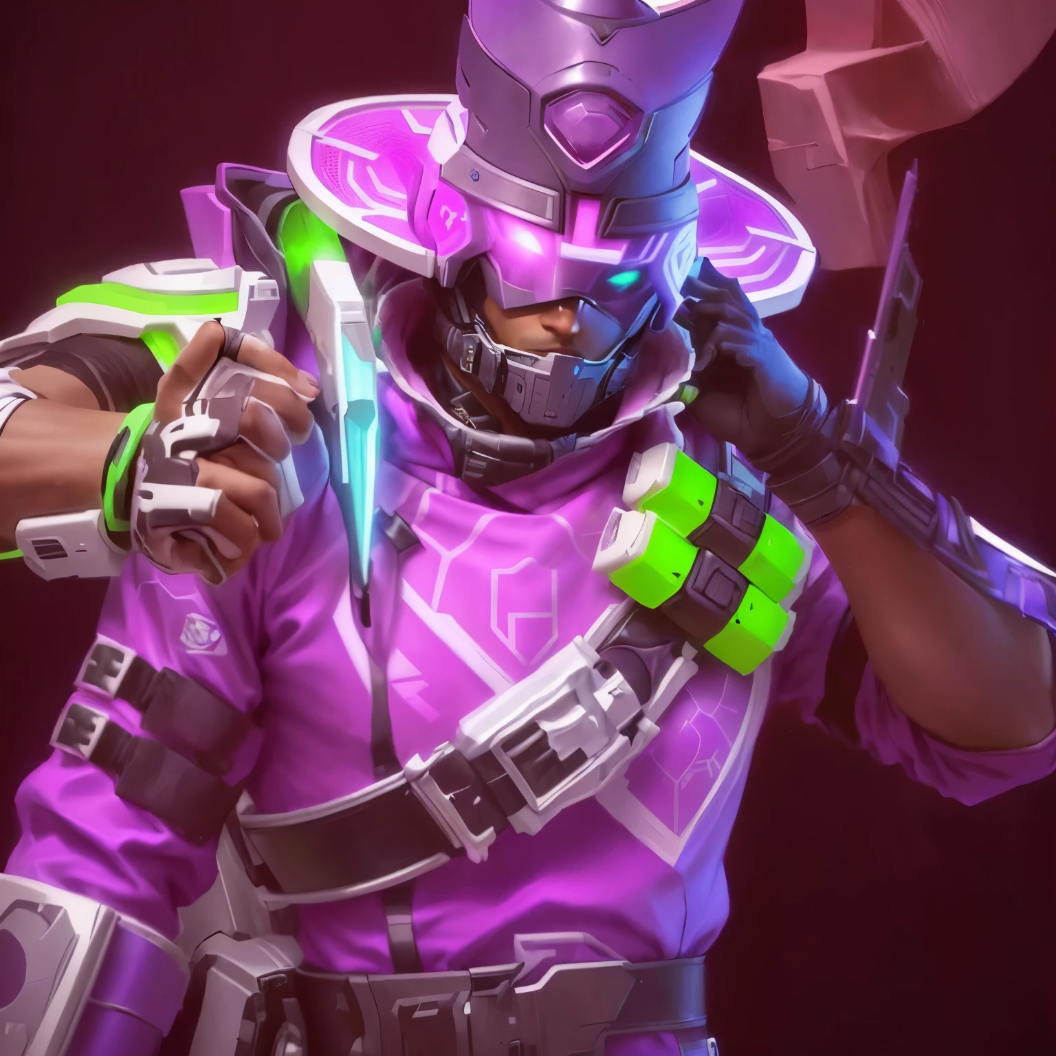 a close-up of a person in purple clothing holding a gun, neon armor, Armadura Apex Legends, fuchsia skin sob a armadura, fuchsia skin abaixo da armadura, zepeli gyroscope, assessing character, wise ( assessing ), Personagem de Apex Legends, slick pink armor, fuchsia skin, bright blaster fire like neon, style of starfinder, male drawing, Man with mask, Green Eye, black fur, mask with white bands