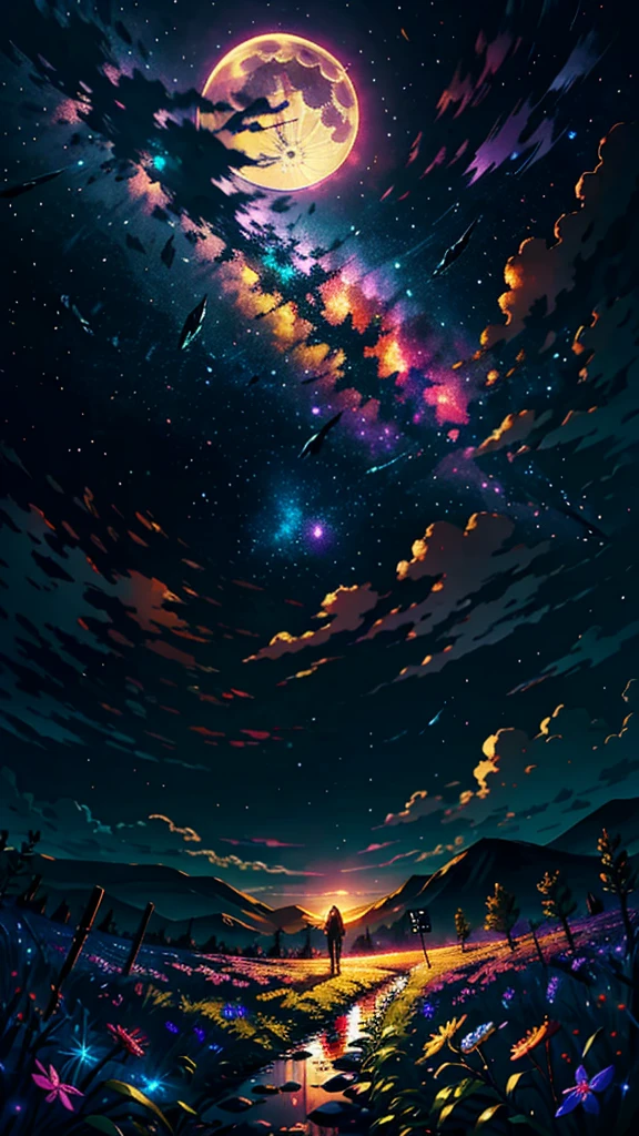 expansive landscape photograph , (a view from below that shows sky above and open field below), a girl standing on flower field looking up, (full moon:1.2), ( shooting stars:0.9), (nebula:1.3), distant mountain, tree BREAK
production art, (warm light source:1.2), (Firefly:1.2), lamp, lot of purple and orange, intricate details, volumetric lighting BREAK
(masterpiece:1.2), (best quality), 4k, ultra-detailed, (dynamic composition:1.4), highly detailed, colorful details,( iridescent colors:1.2), (glowing lighting, atmospheric lighting), dreamy, magical, (solo:1.2)
