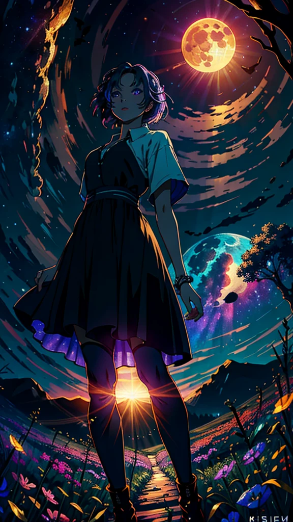 expansive landscape photograph , (a view from below that shows sky above and open field below), a girl standing on flower field looking up, (full moon:1.2), ( shooting stars:0.9), (nebula:1.3), distant mountain, tree BREAK
production art, (warm light source:1.2), (Firefly:1.2), lamp, lot of purple and orange, intricate details, volumetric lighting BREAK
(masterpiece:1.2), (best quality), 4k, ultra-detailed, (dynamic composition:1.4), highly detailed, colorful details,( iridescent colors:1.2), (glowing lighting, atmospheric lighting), dreamy, magical, (solo:1.2)