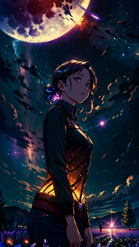 expansive landscape photograph , (a view from below that shows sky above and open field below), a girl standing on flower field looking up, (full moon:1.2), ( shooting stars:0.9), (nebula:1.3), distant mountain, tree BREAK
production art, (warm light source:1.2), (Firefly:1.2), lamp, lot of purple and orange, intricate details, volumetric lighting BREAK
(masterpiece:1.2), (best quality), 4k, ultra-detailed, (dynamic composition:1.4), highly detailed, colorful details,( iridescent colors:1.2), (glowing lighting, atmospheric lighting), dreamy, magical, (solo:1.2)