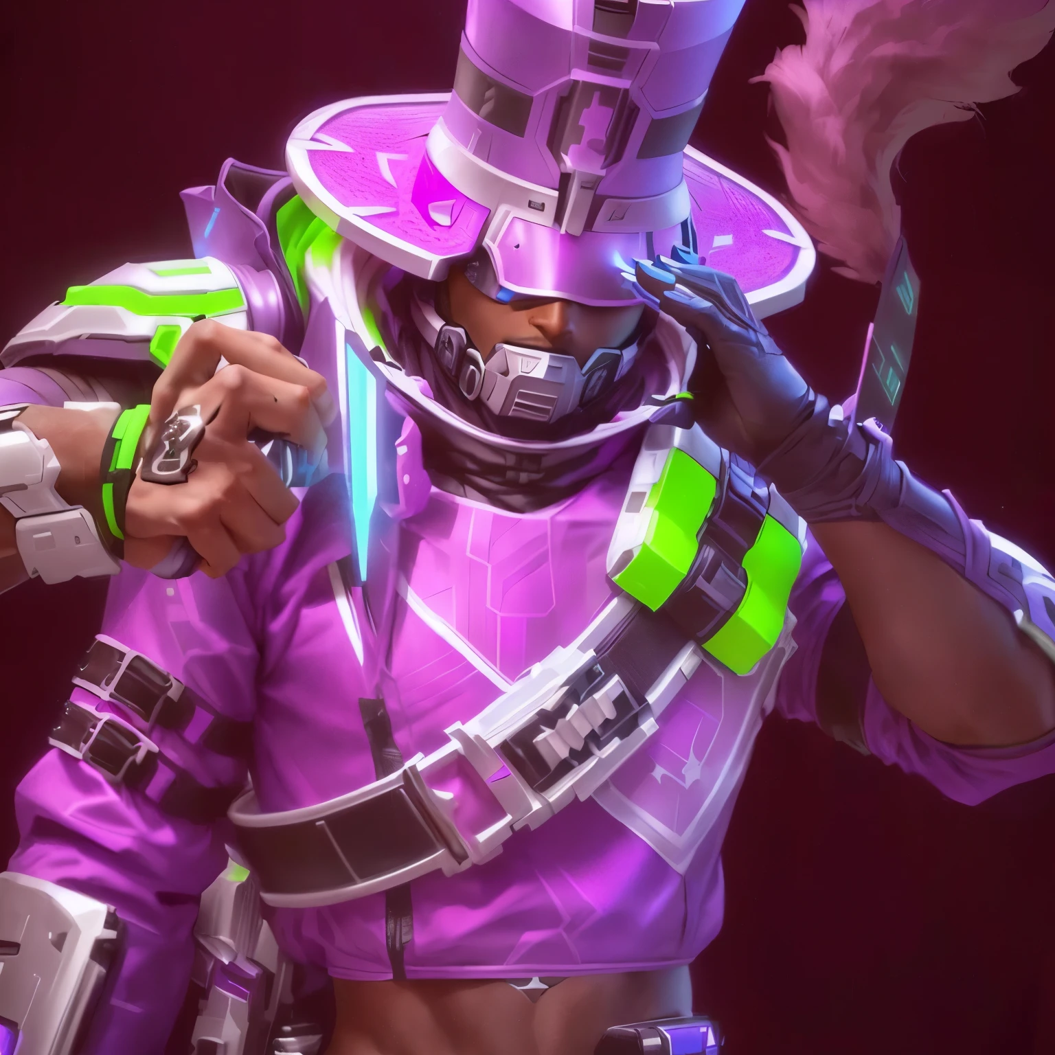 a close-up of a person in purple clothing holding a gun, neon armor, Armadura Apex Legends, fuchsia skin sob a armadura, fuchsia skin abaixo da armadura, zepeli gyroscope, assessing character, wise ( assessing ), Personagem de Apex Legends, slick pink armor, fuchsia skin, bright blaster fire like neon, style of starfinder, male drawing, Man with mask, Green Eye, black fur, mask with white bands