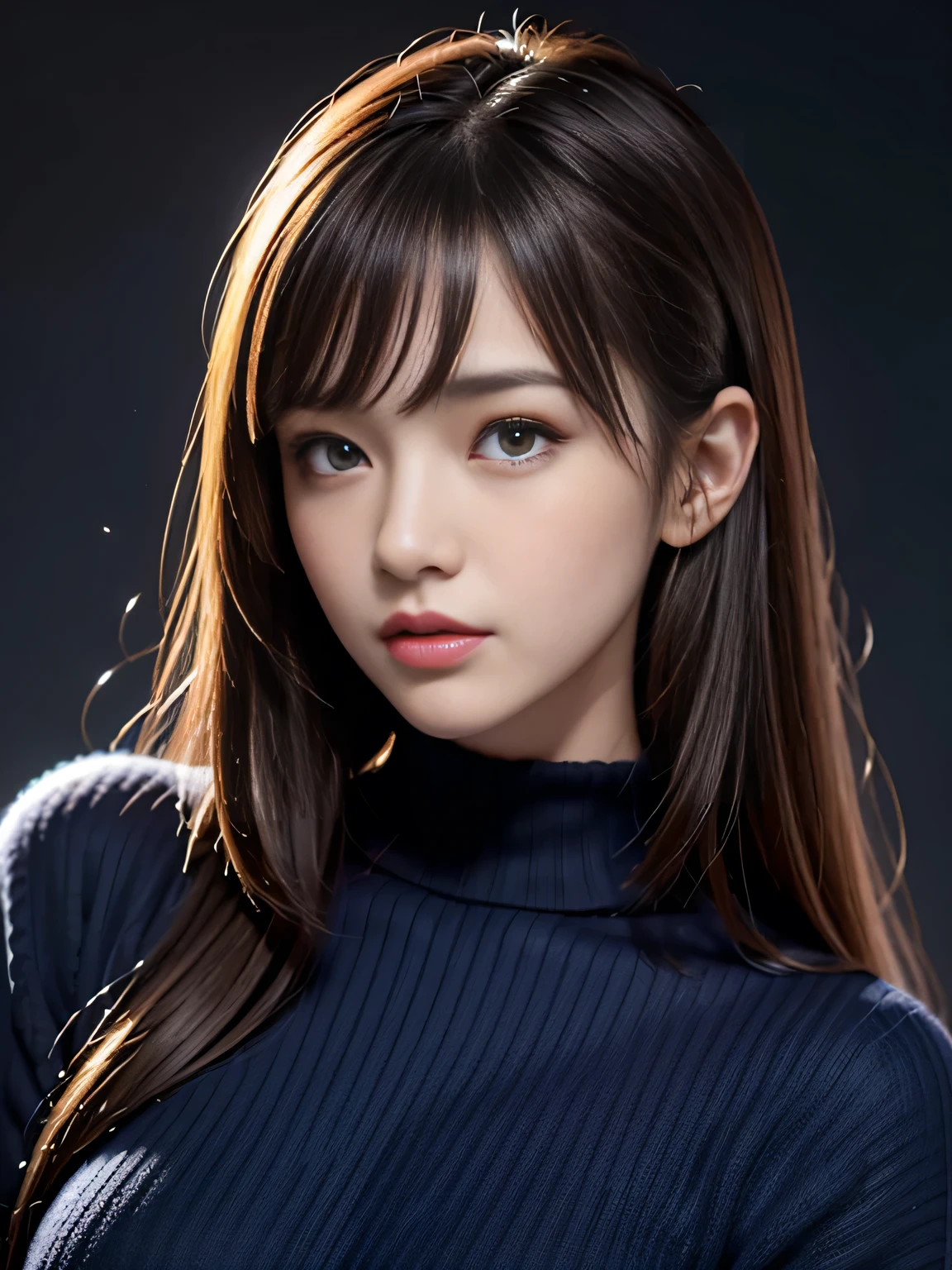 masterpiece, best quality, ultra-detailed, intricately detailed hyperdetailed, realistic, sharp features, highly detailed, sharp focus, (Japanese idol), 19 years old, perfect face, (perfect and delicate gray eyes), perfect lips, flexible female form, cinematic, hyper detailed, hyper realistic, high resolution, gloomy shadow, brown hair, messy hair, Black sweater, portrait, head shot, blue and purple background, (Dark room:1.3), (Dimly light:1.3), (Dark night:1.3), (dark fantasy), ((deep Blue hour)),