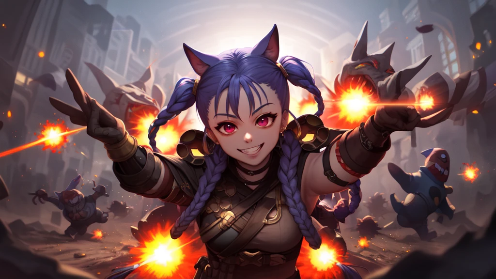 jinx \(league of legends\), symetrical, explosions, smile, creepy smile, lots of bullets on the ground